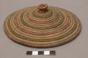 Colored coiled basketry cover, small handle