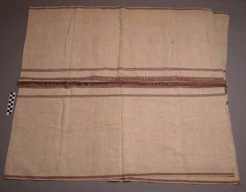 Cotton blanket - white with narrow warp stripes of navy, scarlet; single ply war