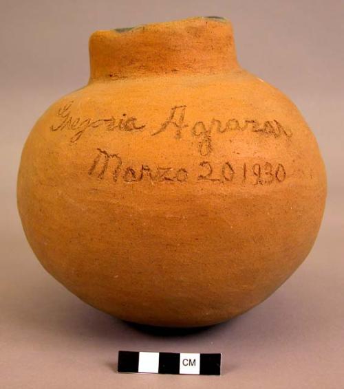 Small olla, red ware, inscribed with maker's name and date