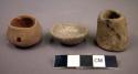 Ceramic jars, miniature, undecorated ware, 1 miniature shallow bowl