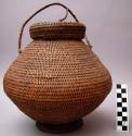 Basketry container with cover; pedestal base