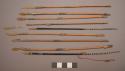 Spears, miniature, reed shaft, pointed reed or horn? spear heads, wrappings