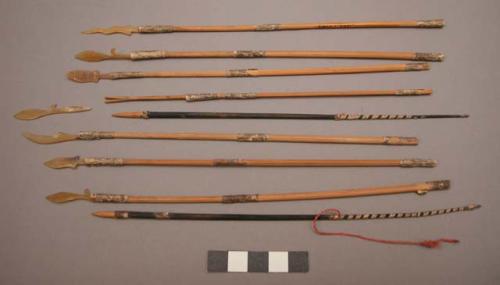 Spears, miniature, reed shaft, pointed reed or horn? spear heads, wrappings