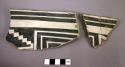 Ceramic rim sherds, black on white, geometric design, mended, 1 sherd perforated