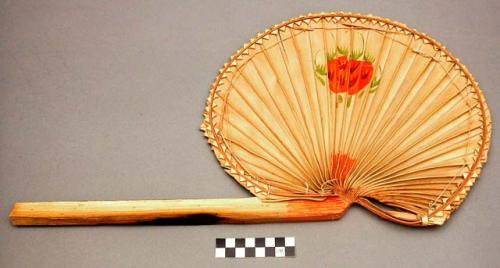 Bamboo fan; painted design on each side.