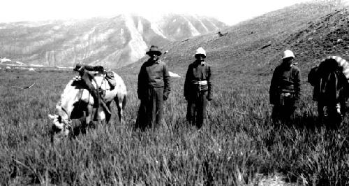 Men standing, horses grazing in field, mountain background