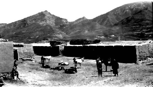 People and animals in yard with low building, background mountains