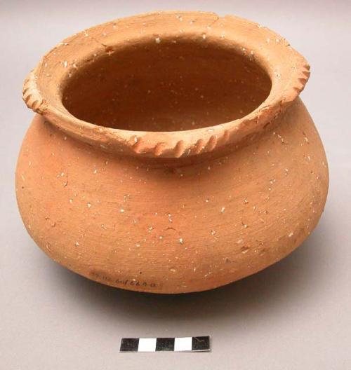 Pottery bowl - incised decoration around rim; string tied around neck