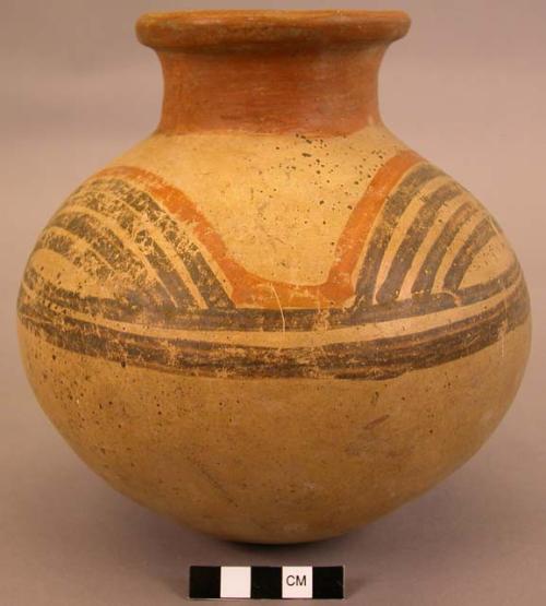 Pottery jar, yellow with red and black on upper zone