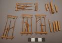 Rattles, miniature, bamboo or reed cylinders and wood framework, broken