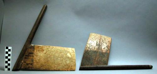 Tools, axe-like, thin wooden handle and bone rectangular blade