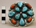 Cuff bracelet, large silver center piece set w/ 8 turquoise and 4 coral stones