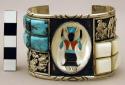 Cuff bracelet, oxidized silver band w/ inlaid stones and katsina figure