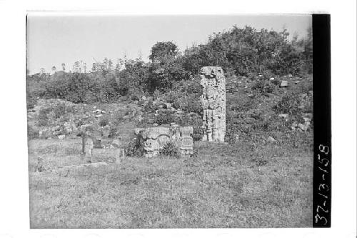 Stela D with Altar and Dr. Owen's grave