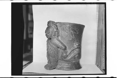 Plumbate entire figure, Tlaloc figure appliqued on cyl.; max. ht. 17.7cm., max.