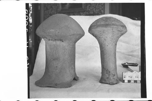 2 fragmentary mushroom-form jars.