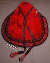 Part of a Set of Child's Clothes:  Red Embroidered Hood with Ribbon Ties