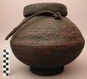 Basketry container with cover; pedestal base