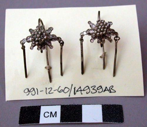 Pair of White Metal Earrings with Floral Motif in Relief