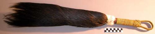 Feather whisk (?) (sue' lare') - black-brown feathers; white fur band; yellow &
