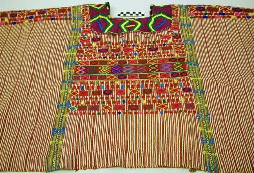 Striped huipil with geometrics, embroidered neck