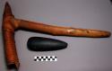 Adze (yara) - wooden handle with black stone blade, raffia wrapped around base