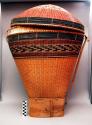 Bamboo basket with cover; 19 1/2" diam., 2 plaited grass straps