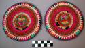 Ornament, multicolor embroidered cloth medallions, hide or cardboard backing