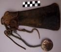 Pouch, leather, metal picks, incised medallion, attached on cords