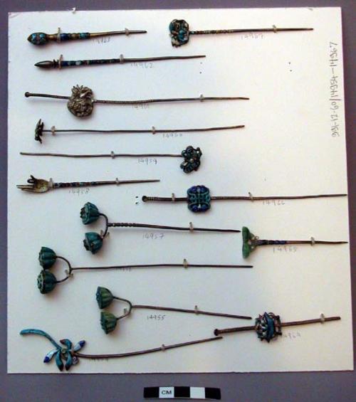 White Metal Hairpin with Two Enameled Lotus Seedpods