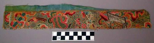 Long Rectangular Embroidery Sampler on Blue Synthetic Fabric, Pekinese Stitch