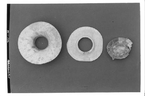 2 jade flanges 5003-5004-Uaxactun, Mosiac Earplug A2-161-Kaminaljuju. D. 5003-7.