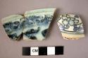 2 rim potsherds - blue and white glaze