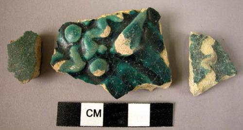 3 potsherds - dark blue-green glaze