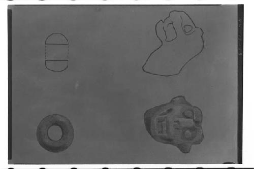 Drawing by A. Tejeda - (Top) Clay jaguar figurine head - solid - (beneath) Clay