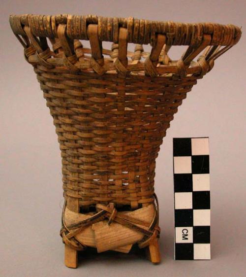 Basket, woven bamboo?, square base, part missing, flared openwork rim
