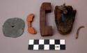 Unclassified tools, worn leather sheath fragment, worked wood and tin pieces