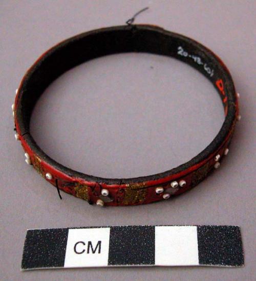 Bracelet, leather, red painted exterior, glass bead and mirror decoration