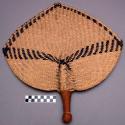 Fan, woven vegetable fiber, 3 points, buff and brown, braided cord handle wrap