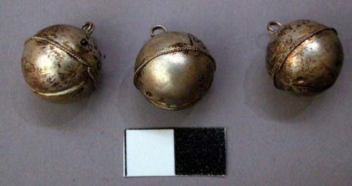 Three Round Metal (Silver?) Bells - Possibly Used as Rattles