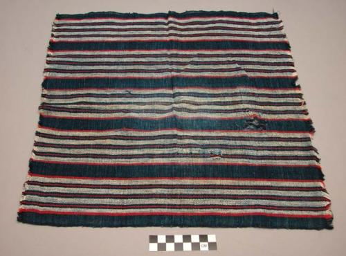 Small cloth - cotton, warp stripes in dark blue, red, and white; +