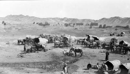 People with ponies and carts in desert