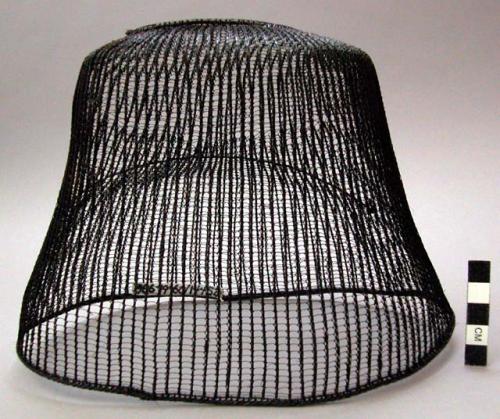 Hat, black cap, woven bamboo fiber and horse hair, wide peak at crown