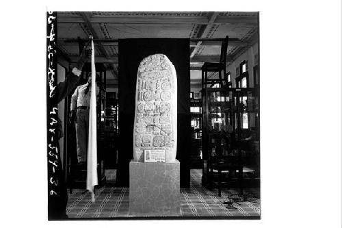 Carved face of Stela 26 (N. side) in Guatemala Museum