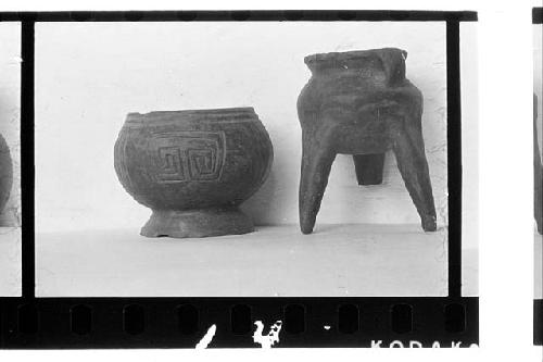 a. Brown ware incised bowl with annular base. Faces of red paint in incisions. H