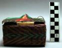 Small basketry box with double lid, used to hold lime. Made of red, +