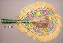 Multi-colored pandamus leaf fans, with feather fringe (a,b) or straw +