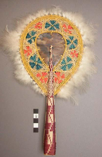 Multi-colored pandamus leaf fans, with feather fringe (a,b) or straw +