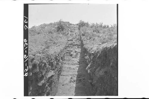 Looking W along trench at core of top of central str. Central structure (md. 1)