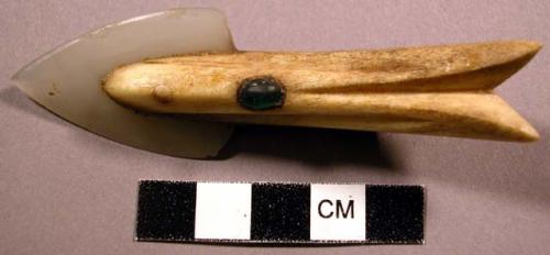 Harpoon head, ivory and pectolite. Blade secured with single meridian rivet.